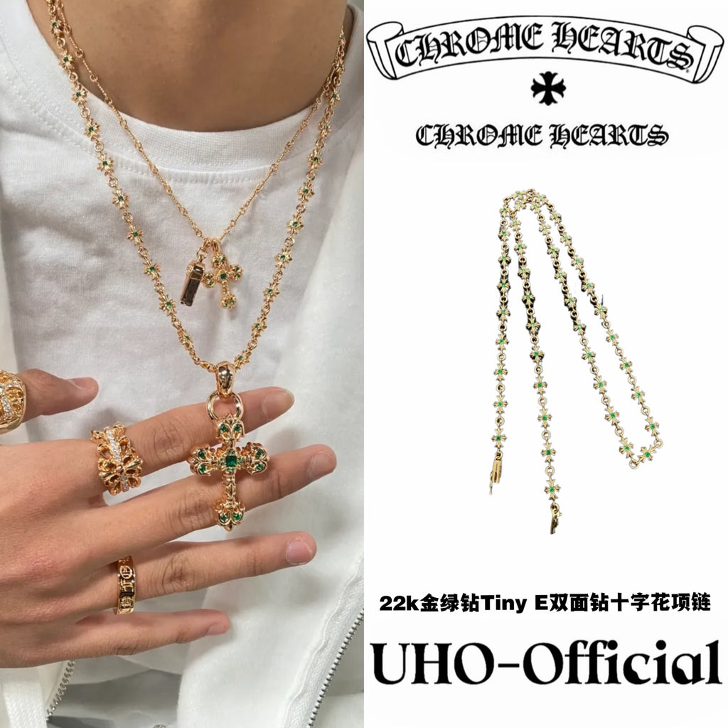 22K Gold Green Diamond Cross Necklace