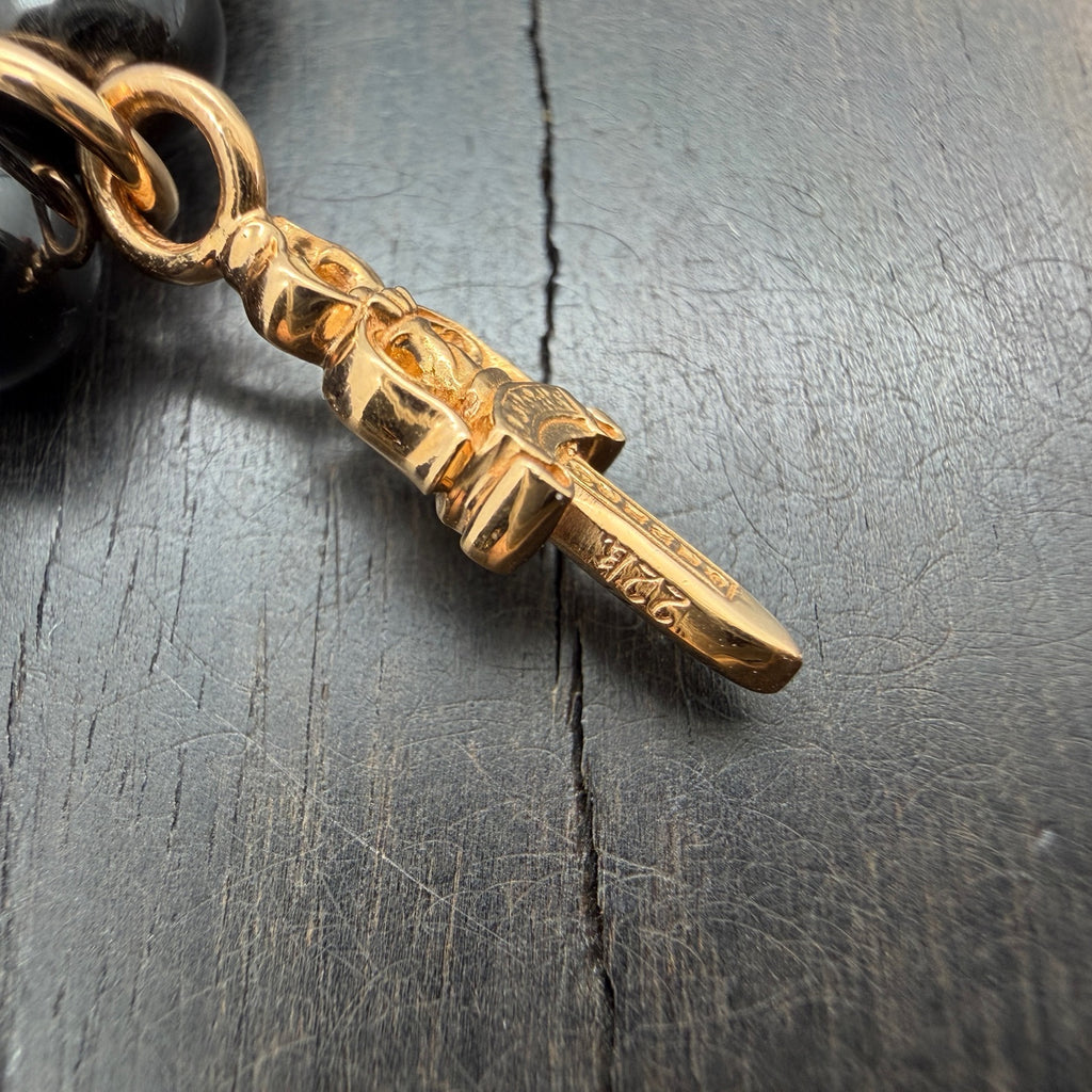 22K Gold Obsidian Beaded Bracelet with Dagger Charm