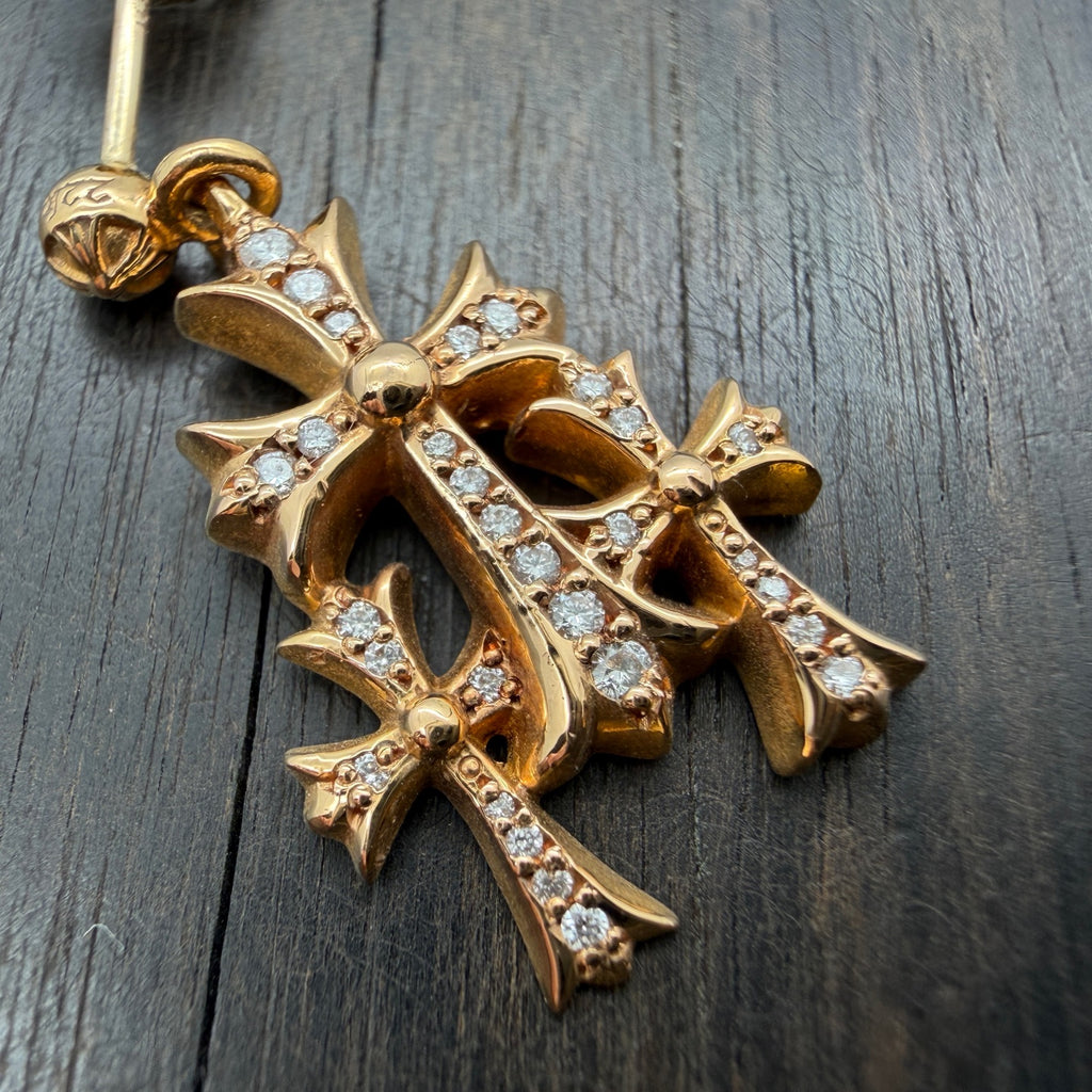 22K Gold Full Diamond Triple Cross Drop Earring