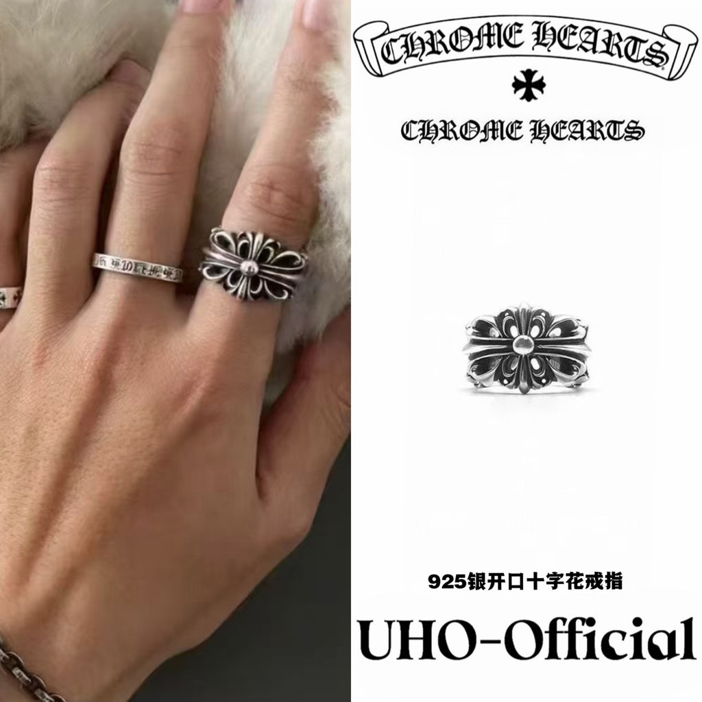 Silver Open Floral Cross Ring