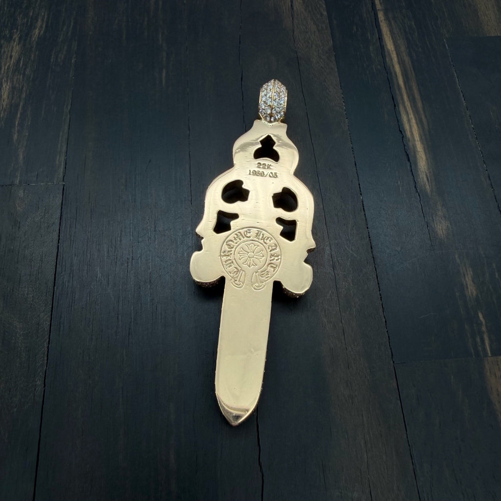 22K Gold Full Diamond Extra Large Dagger Pendant