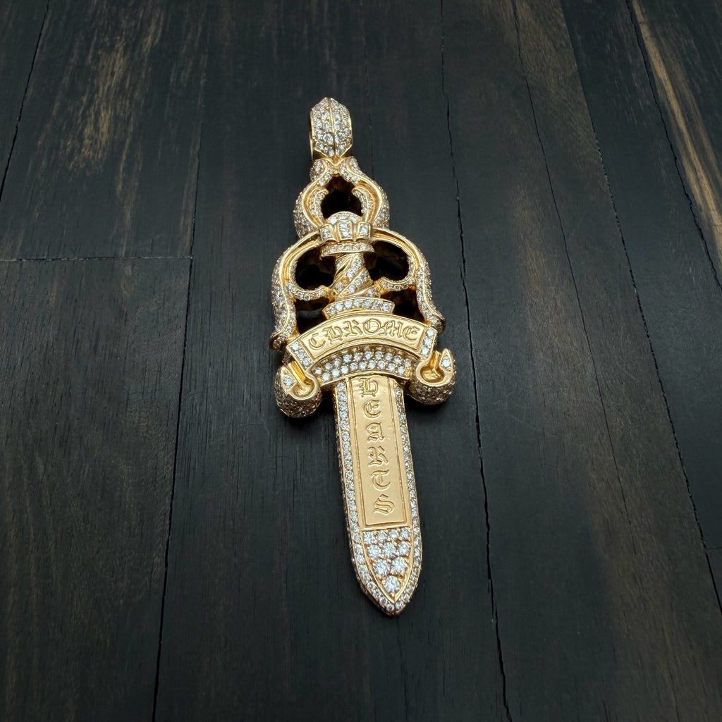 22K Gold Full Diamond Extra Large Dagger Pendant