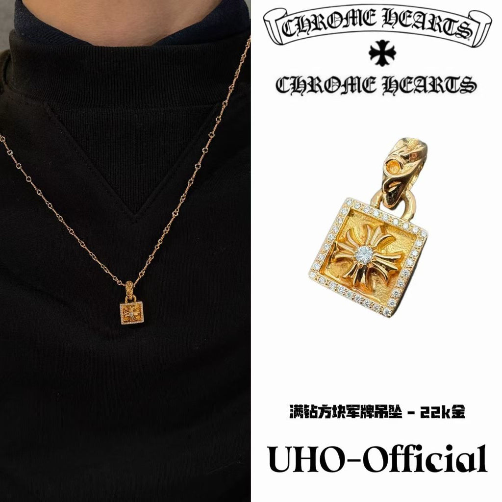 22K Full Diamond Square Cross Pendant