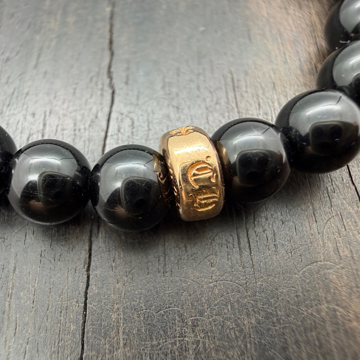 22K Gold Obsidian Beaded Bracelet with Dagger Charm