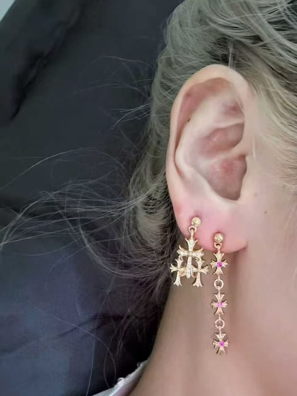 22K Gold Full Diamond Triple Cross Drop Earring