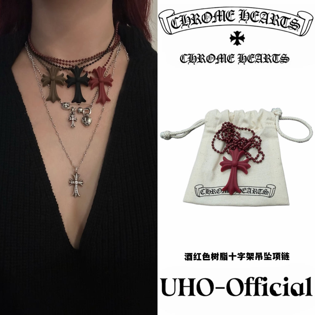 Burgundy Resin Cross Pendant Necklace