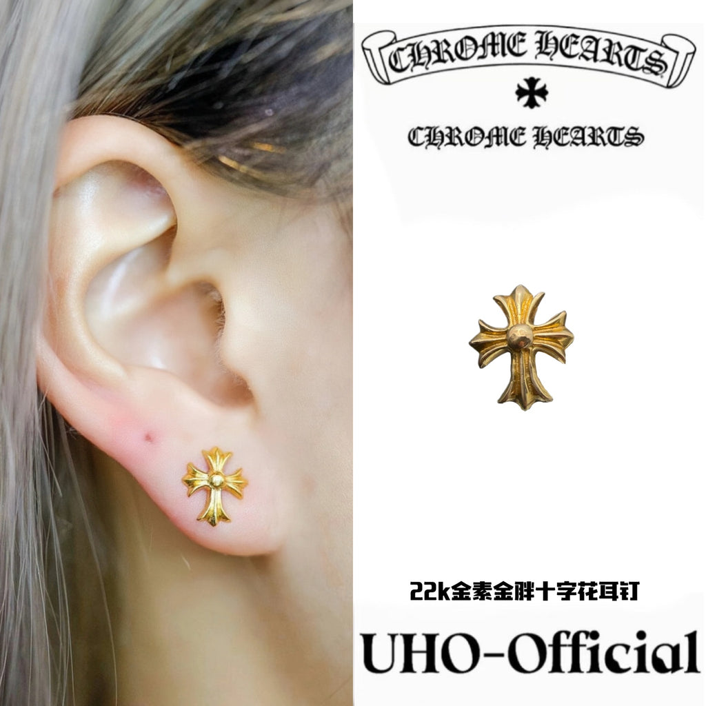 22K Gold Plain Chubby Cross Stud Earring