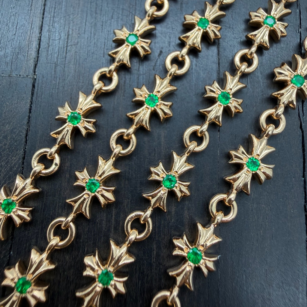 22K Gold Green Diamond Cross Necklace