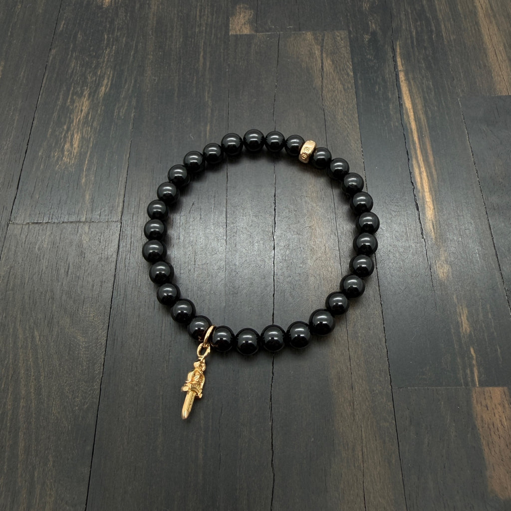 22K Gold Obsidian Beaded Bracelet with Dagger Charm