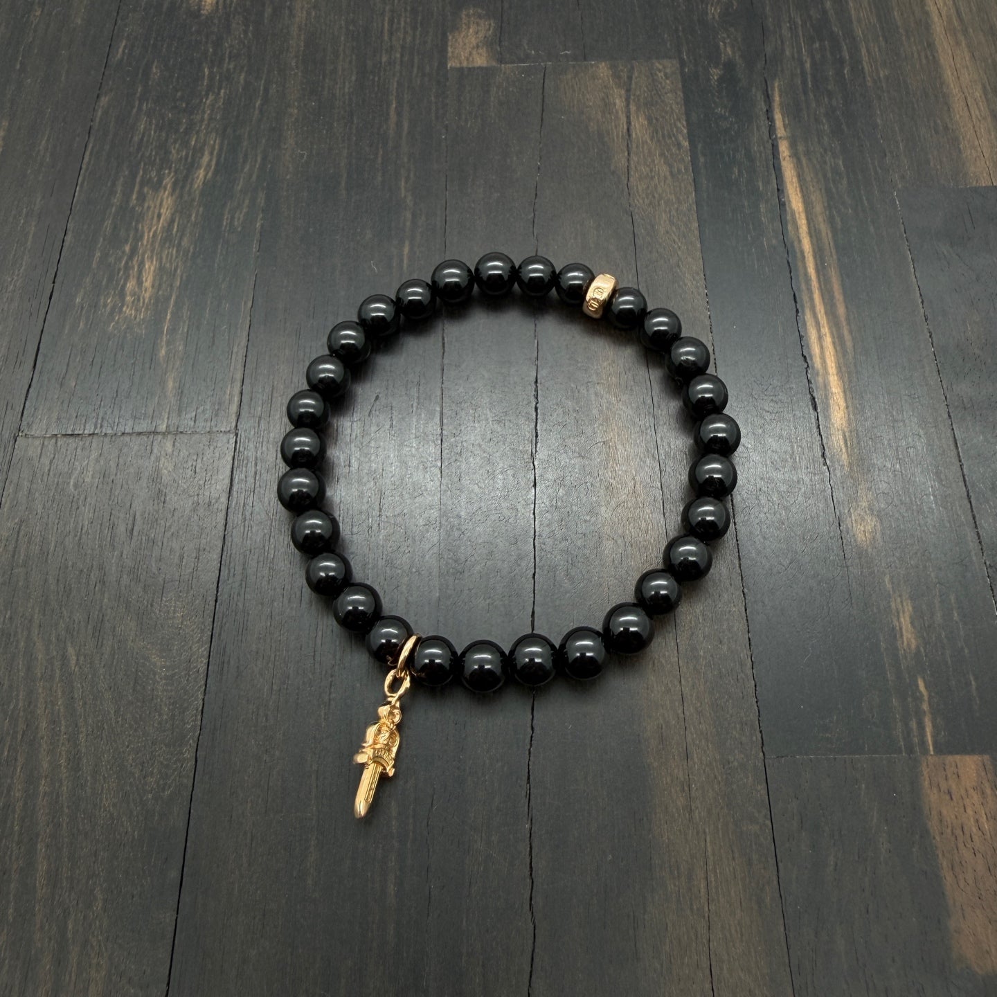 22K Gold Obsidian Beaded Bracelet with Dagger Charm